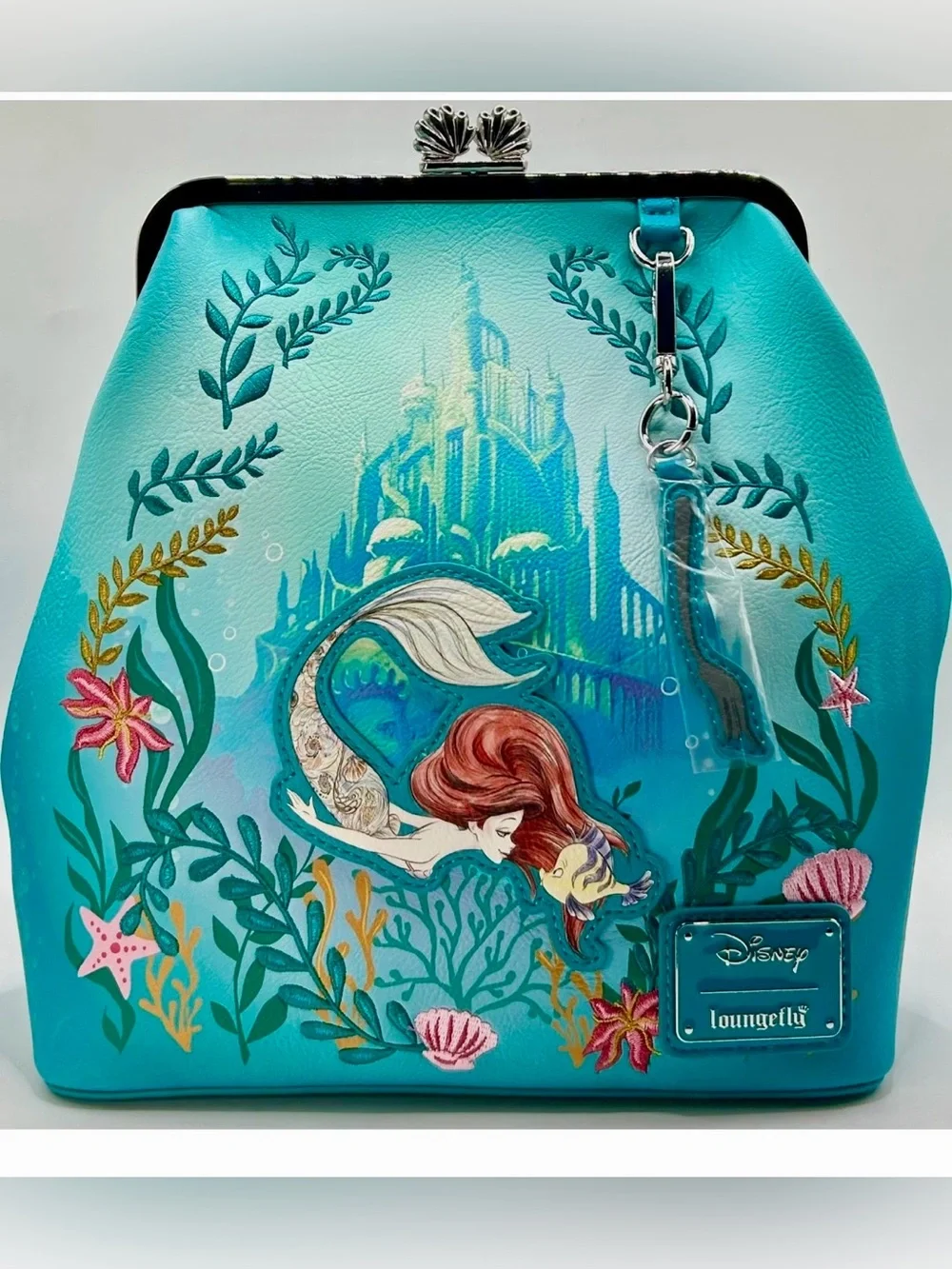 NEW Loungefly Disney Little Mermaid ARIEL Atlantica Flounder Kisslock Backpack